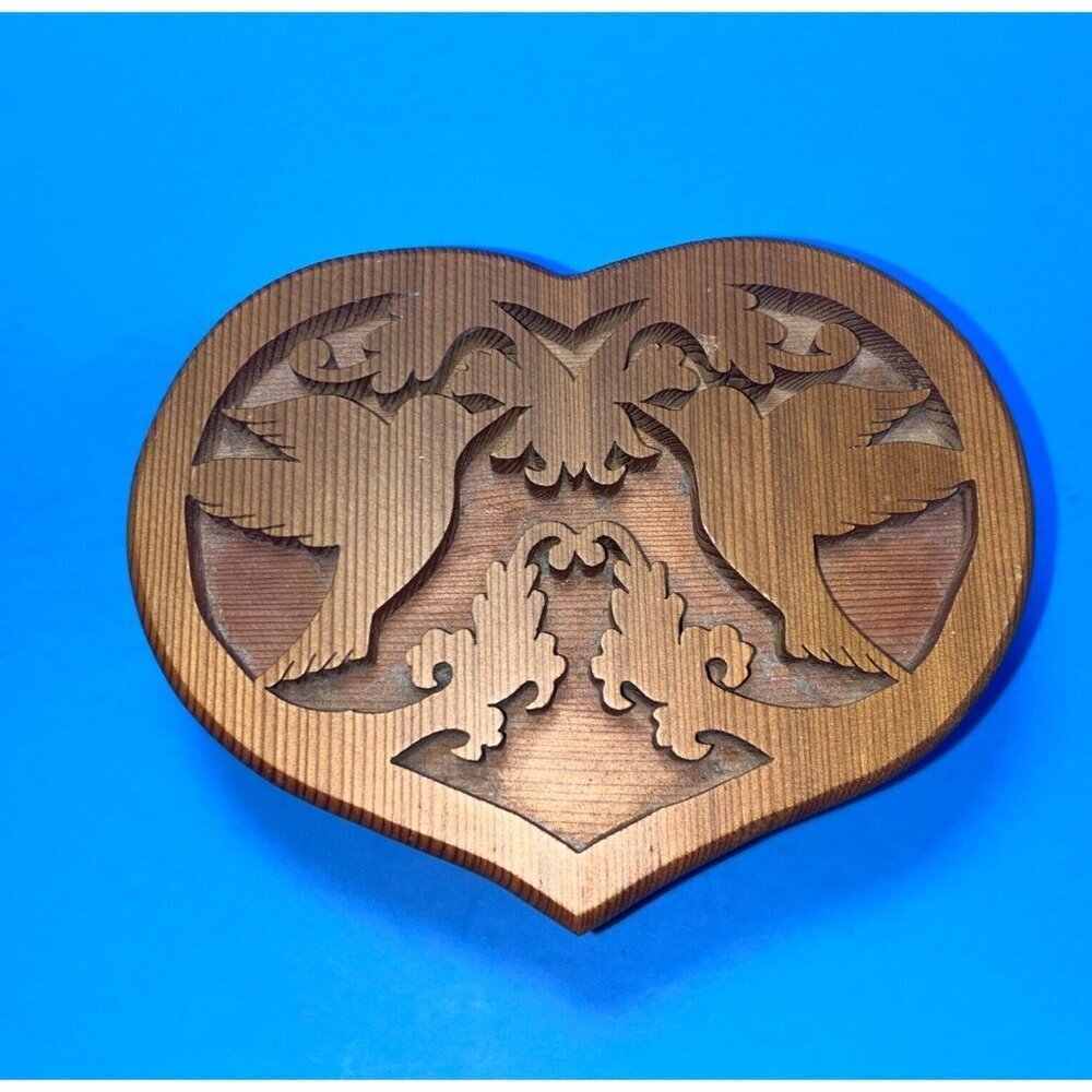 Hand Made Wooden Heart Shaped Puzzle Trinket Box Carved Floral Design Cover